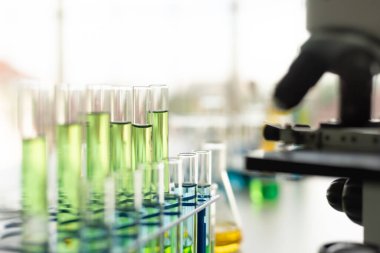 Laboratuvardaki bilim aletleri. Beher, test tüpü, mikroskop. Çocuklar için STEM eğitim teması.