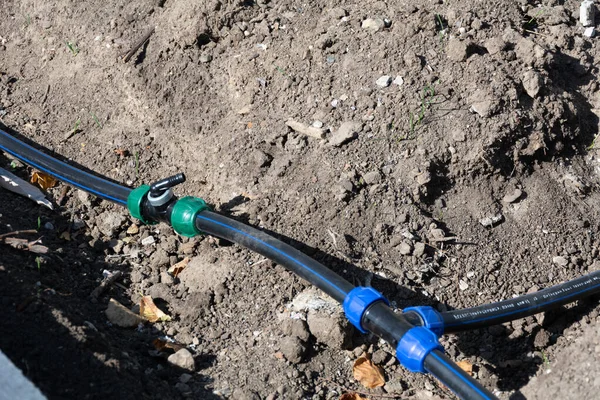 Drip irrigation ball valve. New drip irrigation system in a park before planting plants, ball valve close-up, selective focus