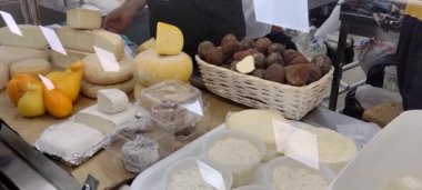 Peynir tezgahı. Markette el yapımı peynirler. Dükkandaki el yapımı peynir çeşitleri. Peynir pazarı, mobil video 30 fps
