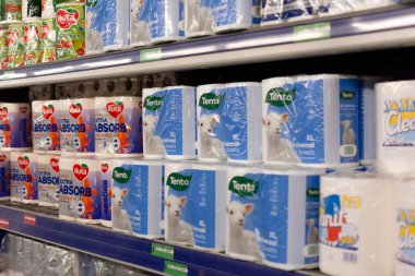 Chisinau, Moldova - November 14, 2022: Packs Of Kitchen Or Household Paper Towel in Assortment On Supermarket Shelf Metro Cash Carry, selective focus, shallow depth of field
