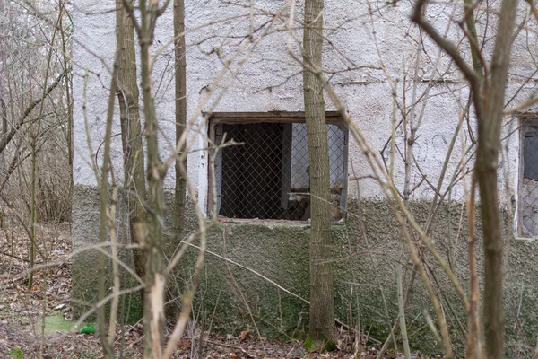 在未被承认的德涅斯特河左岸共和国的一座废弃建筑的墙上有一个旧的网状窗玻璃 Stinga Nistrului 选择性聚焦 浅层场深度 — 图库照片