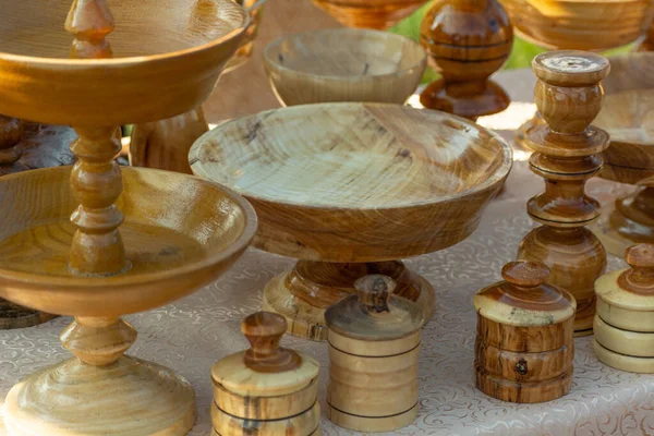 Faragott Fából Készült Edények Kézzel Faragott Fából Készült Konyhai Eszközök — Stock Fotó