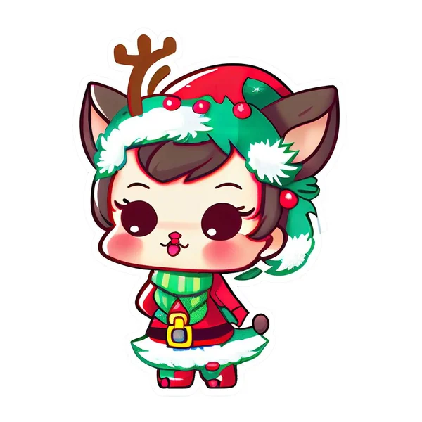 Adorable Linda Navidad Chibi Kawaii Etiqueta Engomada — Foto de Stock