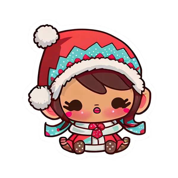 Bonito Adorável Natal Chibi Kawaii Etiqueta — Fotografia de Stock