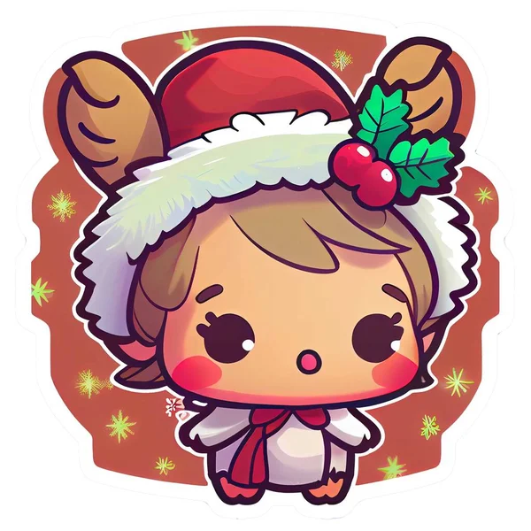 Cute Adorable Christmas Chibi Kawaii Sticker — Stock Photo, Image