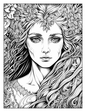 Magical Beauty Coloring Page, Beautiful Woman Colouring Drawing, Realistic Grayscale Highlights Images