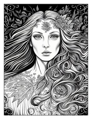 Magical Beauty Coloring Page, Beautiful Woman Colouring Drawing, Realistic Grayscale Highlights Images