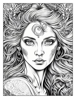 Magical Beauty Coloring Page, Beautiful Woman Colouring Drawing, Realistic Grayscale Highlights Images