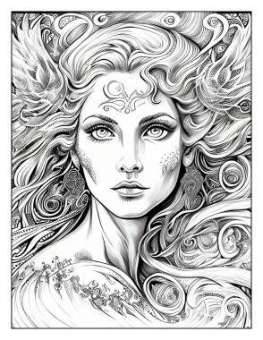 Magical Beauty Coloring Page, Beautiful Woman Colouring Drawing, Realistic Grayscale Highlights Images