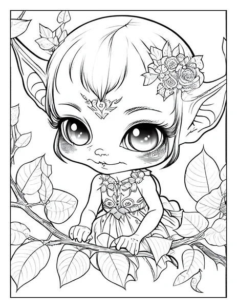 Christmas Anime Chibi Goblin Girls, Grayscale Line Art Drawing Illustration Coloring Page