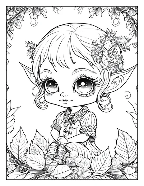 Christmas Anime Chibi Goblin Girls, Grayscale Line Art Drawing Illustration Coloring Page