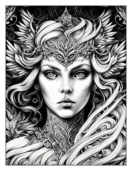 Magical Beauty Coloring Page Beautiful Woman Colouring Drawing Realistic Grayscale lizenzfreie Stockbilder