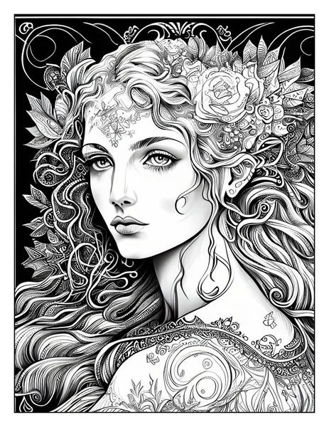 Magical Beauty Coloring Page Beautiful Woman Colouring Drawing Realistic Grayscale Stockfoto