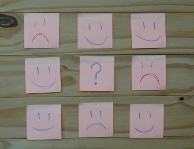 post it with happy faces and sad faces, and in the middle a question mark clipart