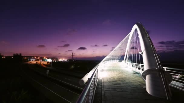 Beautiful Romantic Colorful Car Light Track Night View White Bridge — Stock Video