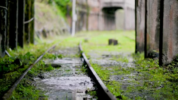 雨の後 鉄道のトラックを閉じます 雨は小さな水たまりに落ちる 静通駅は台湾新北市に位置しています — ストック動画