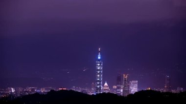 Geceleri gökyüzünde bulutlar hareket ediyor. Neon ışıkları canlı şehir manzarasında parlıyor. Şehrin puslu ve rüya gibi gece manzarası. Taipei Şehri, Tayvan