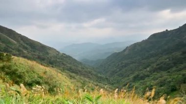 Dağlar yeşil bitkilerle kaplı. Baharda vadi manzarası. Buyan Pavyonu, Shuangxi Bölgesi, New Taipei Şehri. Tayvan