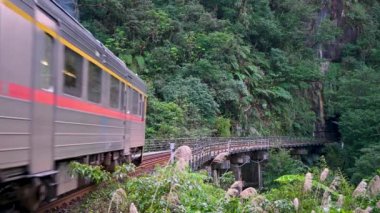 Tren köprüden geçer ve dağdaki tünele girer. Keelung Nehri Havzası 'ndaki çukur yapısı. Tayvan