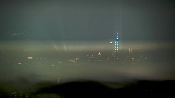 Clouds Moving Sky Night Neon Lights Shine Vibrant Cityscape Hazy — Stockvideo