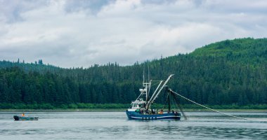Gölde yüzen bir balıkçı teknesi. Boreal bölgedeki Evergreen Ormanı. Turkuaz mavi deniz. Yazın çeşitli manzaralar. ABD, 2017