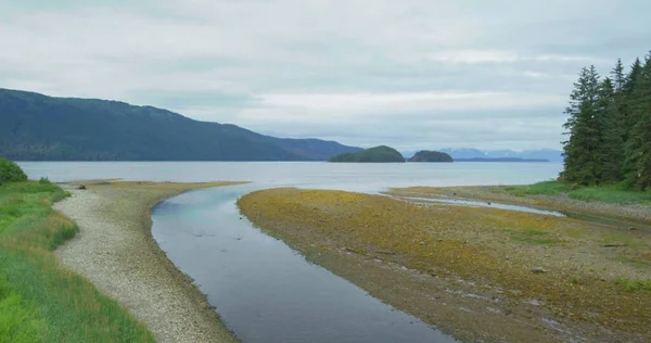 Denize Akan Bir Nehrin Havadan Çekilmiş Görüntüsü Odaklanamayan Yumuşak Bulanık — Stok fotoğraf