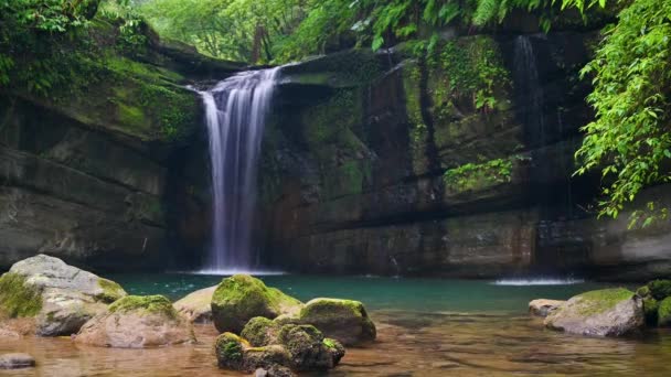 Atrás Folhagem Retroiluminada Está Cachoeira Wanggu Lugar Secreto Floresta Montesa — Vídeo de Stock