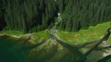 Göllerin ve nehirlerin birleştiği yere bakan, ağaçlara doğru eğimli bir çekim. Alaska 'da eriyen buzun oluşturduğu kozalaklı ormanların ve nehirlerin insansız hava aracı görüntüleri..