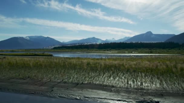 摄像机从河流的汇合处拍摄山下的冰川 飞越阿拉斯加的夏天融化 俯瞰高山 河流和森林的无人驾驶飞机景观 — 图库视频影像