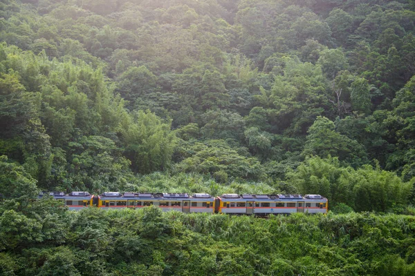Trem Diesel Amarelo Está Dirigindo Nas Montanhas Florestas Longo Linha — Fotografia de Stock