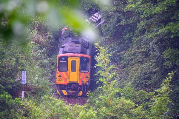 Trem Diesel Amarelo Está Dirigindo Nas Montanhas Florestas Longo Linha — Fotografia de Stock