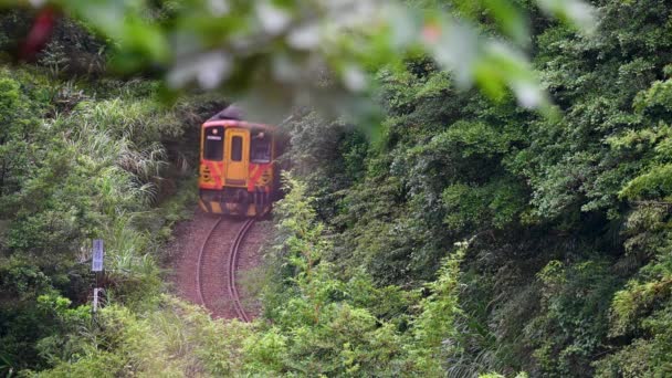 Tren Diesel Amarillo Está Conduciendo Las Montañas Los Bosques Largo — Vídeos de Stock