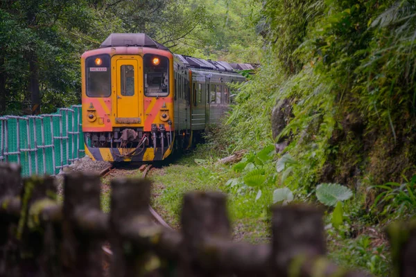 stock image A yellow diesel train is driving in the mountains and forests. Along the Pingxi line, there are river valleys, potholes and waterfalls. Taiwan