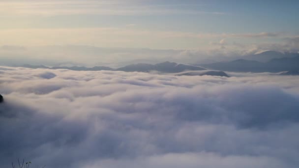 雲のダイナミックな海は雄大で壮大なものです 閉めろ 山頂の白い雲の海の感動的な景色 — ストック動画
