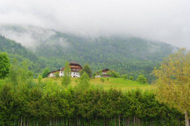 Yamaçtaki ahşap evler. Dağın tepesindeki bulutlar. St. Wolfgang 'da Huzur: Serene Townscape ve Büyüleyici Görüntüler.