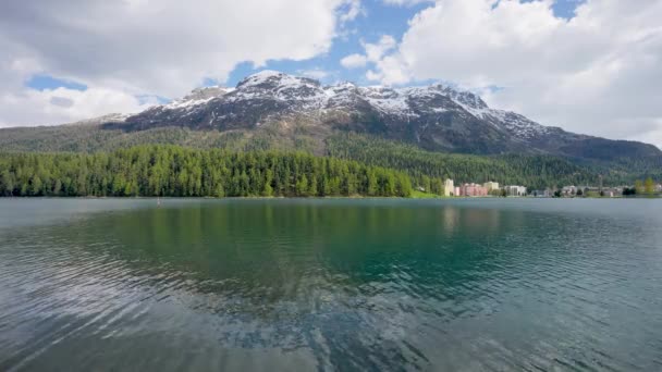 Snow Covered Mountains Clear Lakes Lakeside Houses Coniferous Forests Moritz — Stock Video