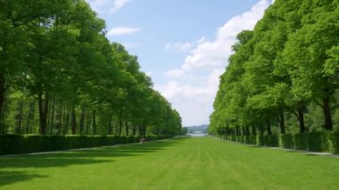 Mavi gökyüzü ve beyaz bulutların altında iki sıra yeşil ağaç ve yeşil bir çayır. Schloss Herrenchiemsee, Almanya 'da yer alan bir şehirdir..