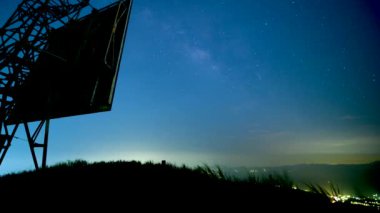 Samanyolu ve bir dağın tepesindeki radar tesisi huzurlu bir gecede. Ruifang, New Taipei 'deki Caoshan Radar İstasyonu' nun izleme platformu. Tayvan