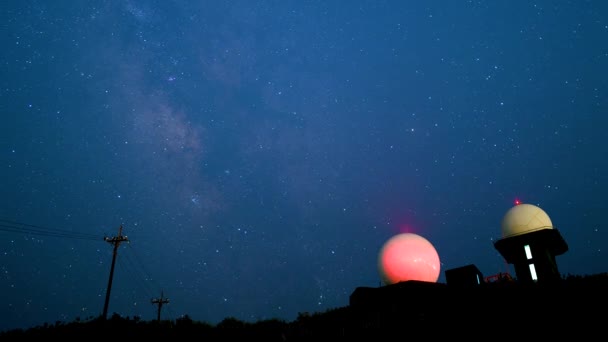 Calea Lactee Uita Vederea Nocturnă Cerului Înstelat Radomul Strălucește Roșu — Videoclip de stoc