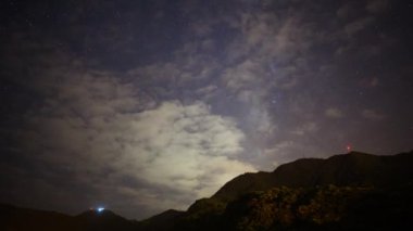 Hızlı hareket eden beyaz bulutlar kaybolduğunda Samanyolu açıkça görülebilir. Suao Kasabası, Yilan County, doğu Tayvan 'da yaz mevsiminde yıldızlı bir gökyüzü.