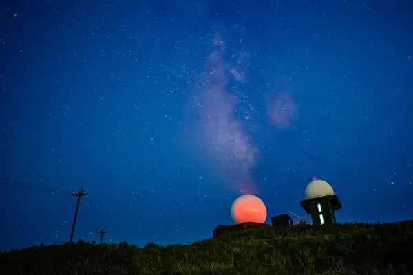 Milky Way: Watch the night view of the starry sky. The radome glows red. The Wufenshan Weather Radar Station stands on the top of the mountain. Taiwan