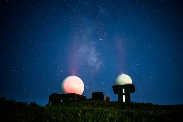 Milky Way: Watch the night view of the starry sky. The radome glows red. The Wufenshan Weather Radar Station stands on the top of the mountain. Taiwan