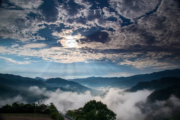 The sun penetrates the clouds and spills into the valley. Early morning view of tea gardens, a sea of clouds and sunrise, Nanshan Temple.