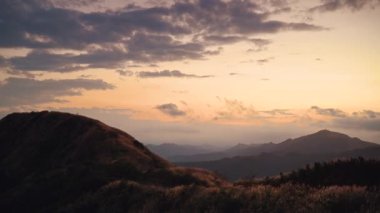 Sonbaharın sonlarında gün batımında, kamış çiçekleri dağda tam çiçeklenir. Wufenshan Hava Radar İstasyonu, Ruifang, Tayvan.