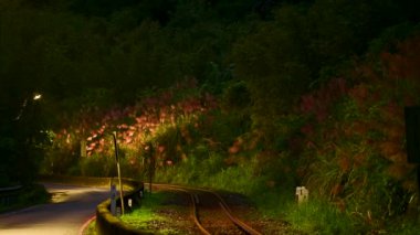 Sarı bir dizel tren geceleri ışıkları açık bir şekilde köyden geçer. Pingxi hattı boyunca nehir vadileri, çukurlar ve şelaleler var. Tayvan