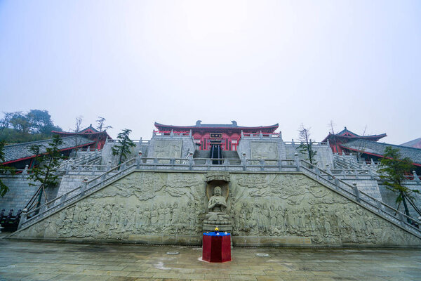 The Jinfo Temple is one of the largest Tang-style buildings in southwest China. Jinfo Mountain karst topography, biodiversity and Buddhist culture, Chongging.