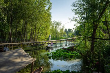 Srinagar, Hindistan 07 - Temmuz 2018: Dal Gölü 'nde yaşam tarzı. Yerli kadınlar çocukları teknelerle taşıdı. Bu Srinagar Gölü 'ndeki yerel ulaşım aracı. Jammu ve Kashmir Eyaleti, Hindistan.