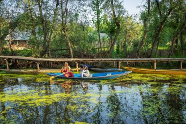 Srinagar, Hindistan 07 - Temmuz 2018: Dal Gölü 'nde yaşam tarzı. Yerli kadınlar çocukları teknelerle taşıdı. Bu Srinagar Gölü 'ndeki yerel ulaşım aracı. Jammu ve Kashmir Eyaleti, Hindistan.