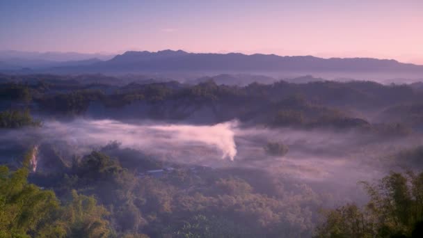 谷から煙が流れ 竹林は緑色になっています ザオセンのエリアロ族は 台湾の台南市 日の出の風景を楽しんでいます — ストック動画