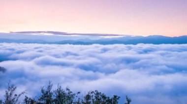 Güneş doğmadan önceki huzurlu ana tanık olun, dinamik bulut oluşumları ve katmanlı dağ sıralarına karşı neon ışıkları. Xindian, Tayvan.